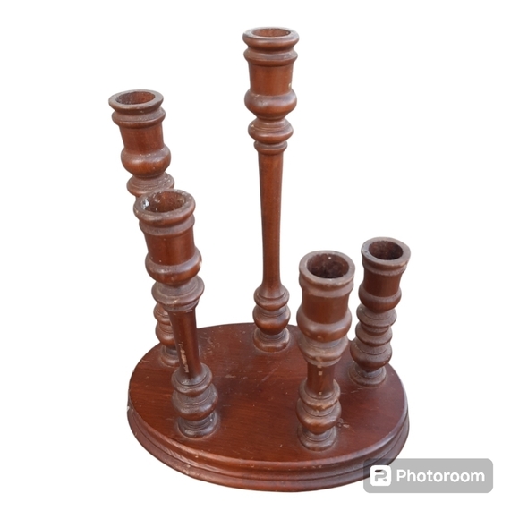 Vintage MCM mid-century modern dark wooden candlestick 5 graduated candelabra - Picture 1 of 9